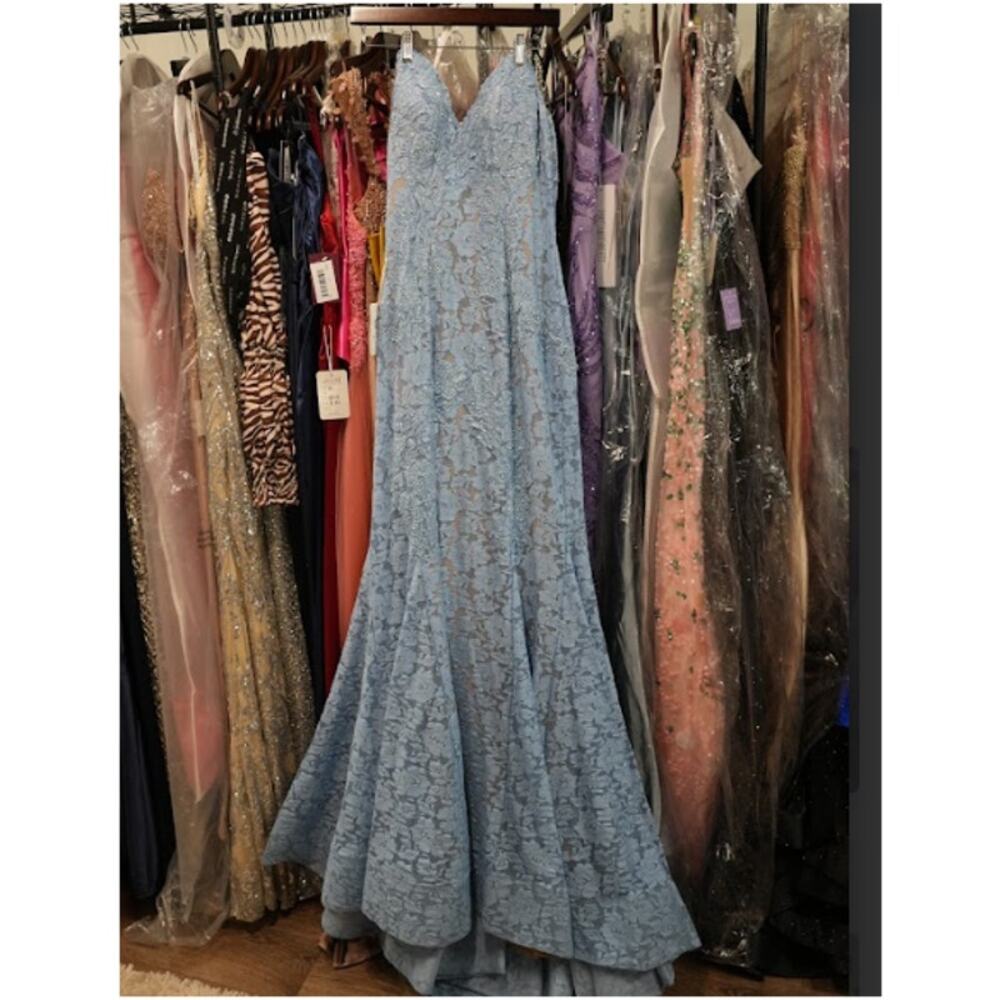 Jovani Lace Mermaid Evening Gown Dress Womens Sz 10 Light Blue Beaded 37334A NWT - Picture 3 of 7